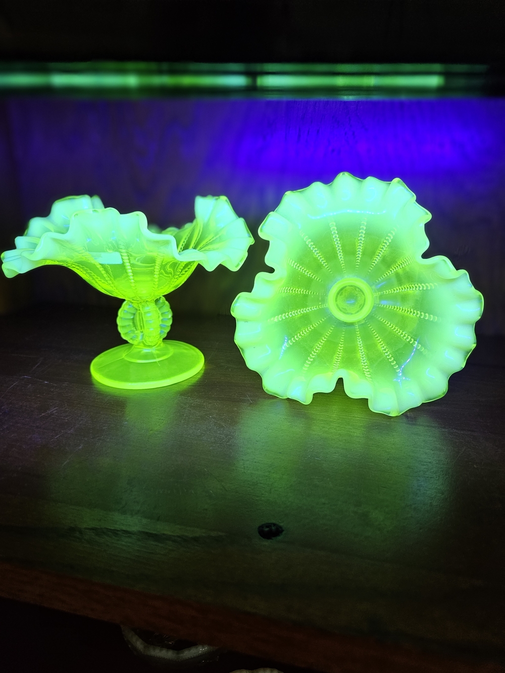Vibrant Uranium Glass Ruffled Compote — Neon Green Home Art